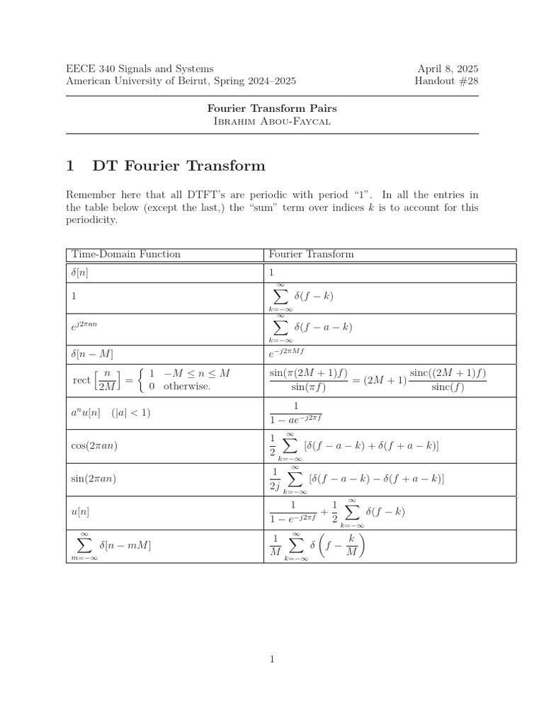 Fourier Transform Pairs Overview | PDF | Algorithms | Functional Analysis