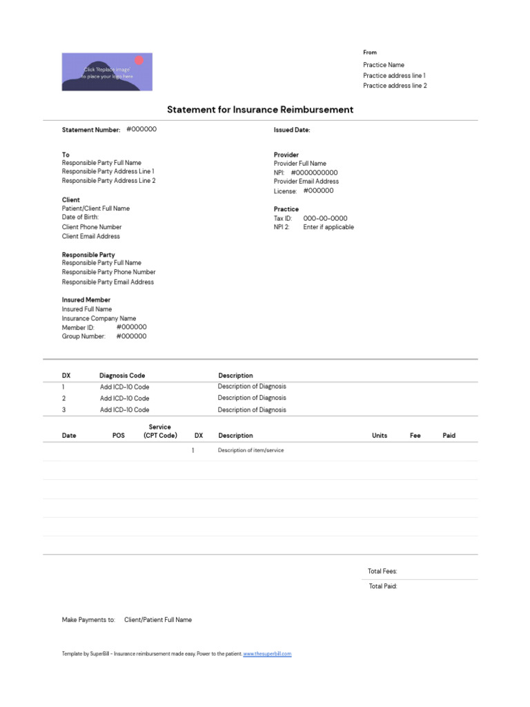 Statement For Insurance Reimbursement: Statement Number: Issued Date ...