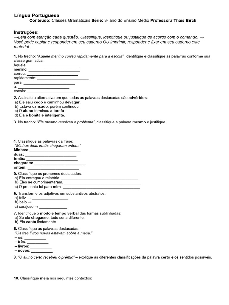 Exercícios sobre Classes Gramaticais | PDF | Palavra | Classe gramatical