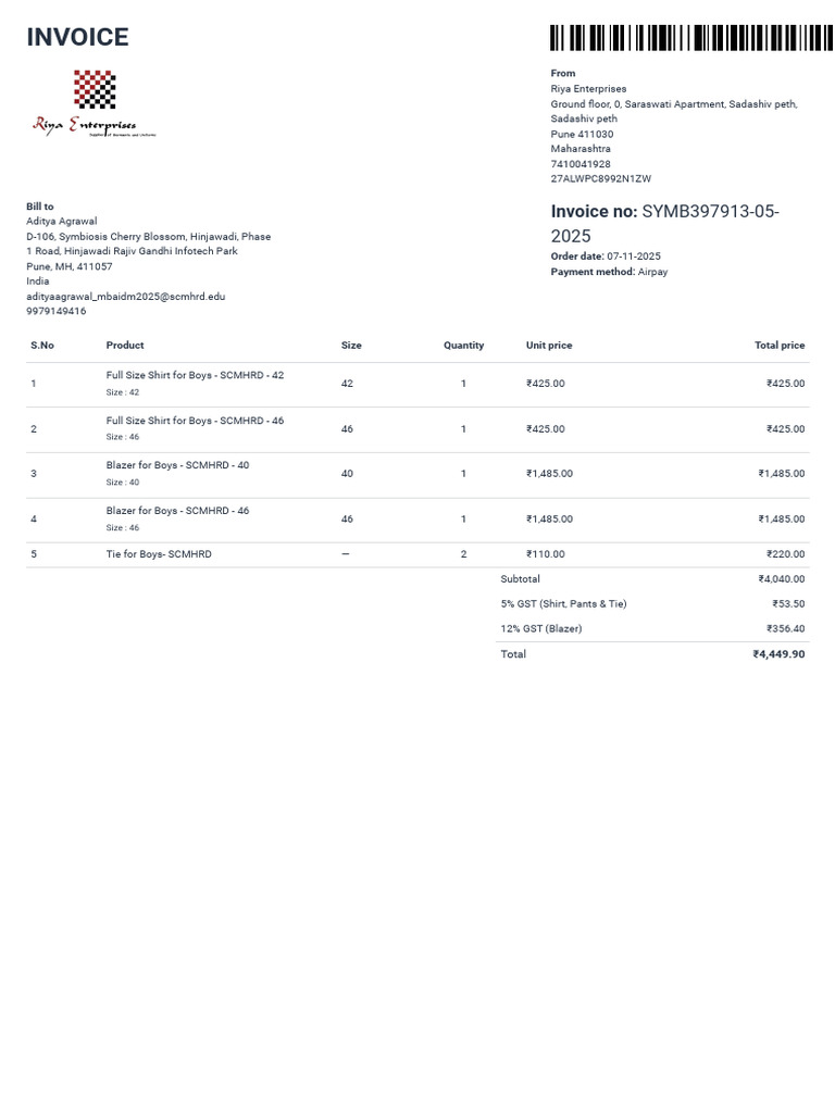 Invoice SYMB397913 05 2025 Uniform | PDF