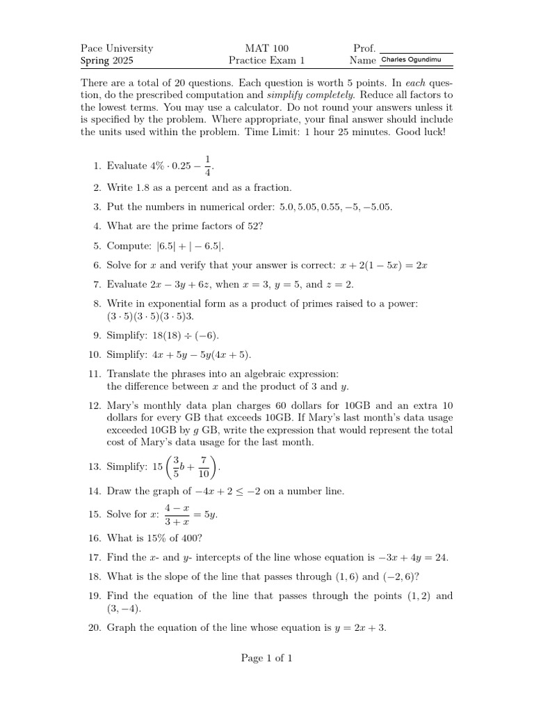 MAT 100 Practice Exam 1 Spring 2025 (20 Qs - Reviewed in Class) | PDF