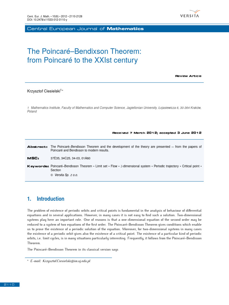 Poincaré-Bendixson Theorem Review | PDF | Manifold | Dynamical System