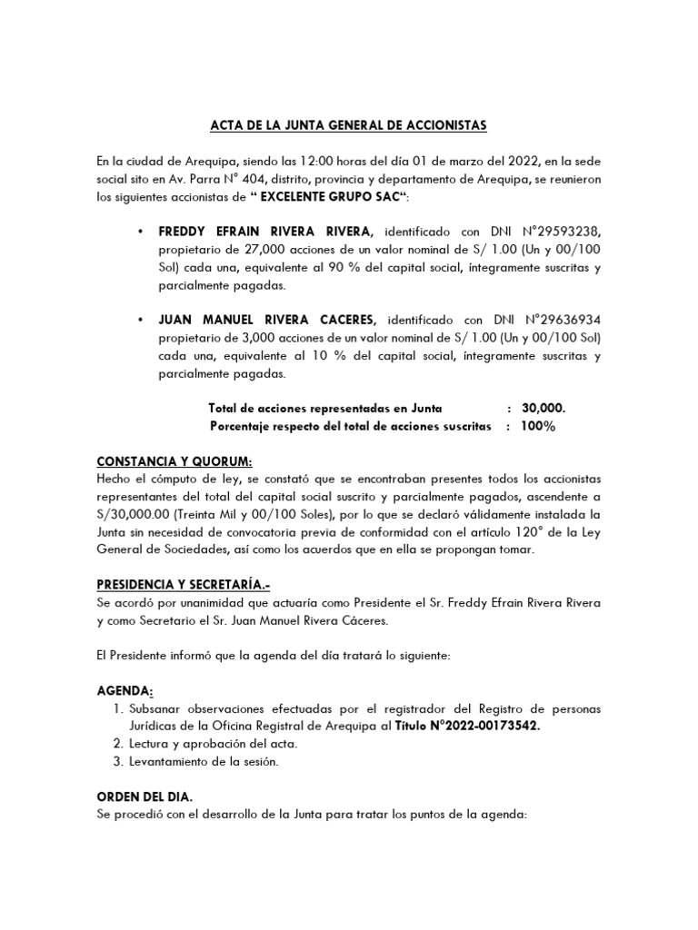 Acta de La Junta General de Accionistas - Levantamiento de Obs. RR - PP ...