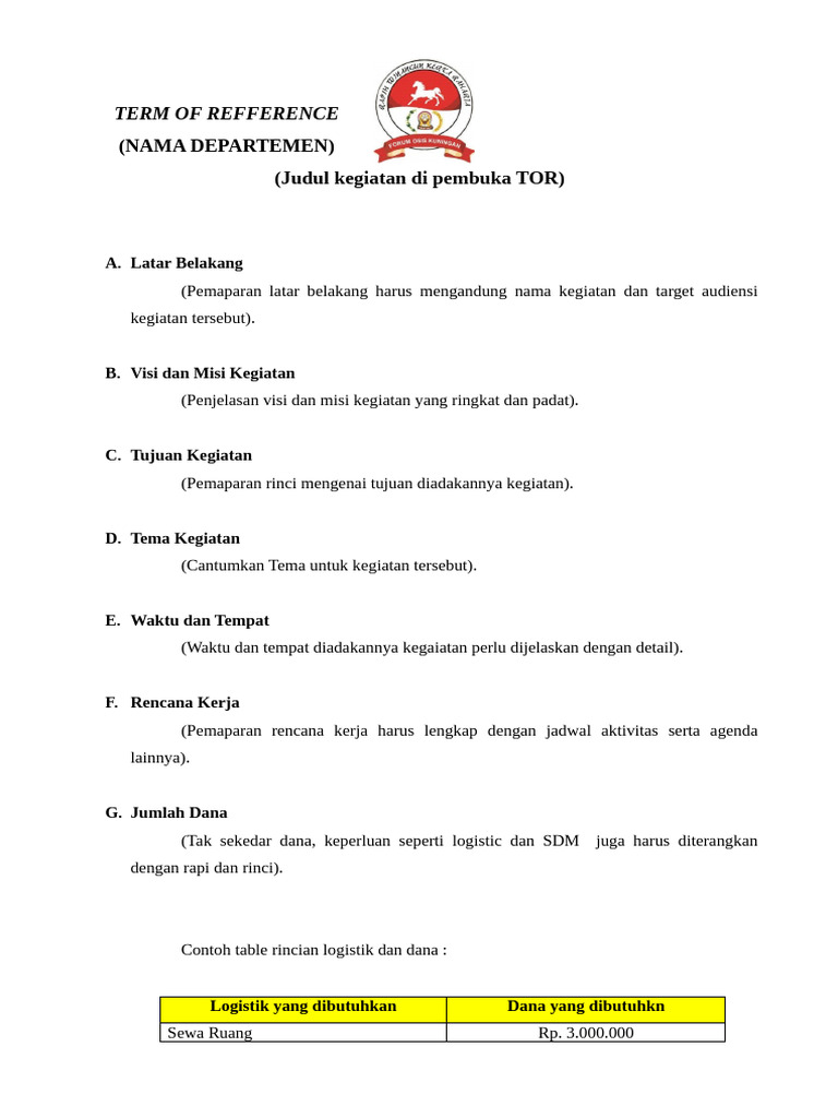 Rincian TOR Kegiatan Departemen | PDF