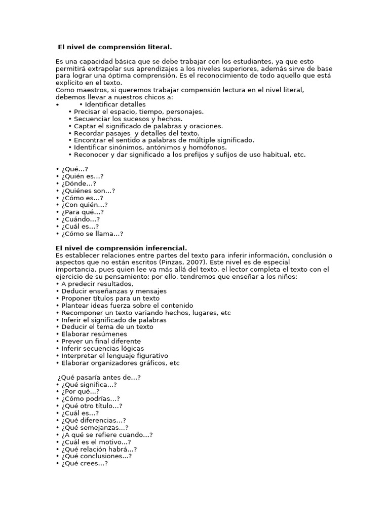 Niveles de Comprensión Lectora en Educación | PDF | Comprensión ...