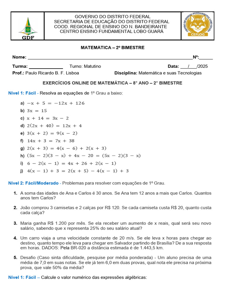 Exercícios de Matemática 8º Ano - 2º Bimestre | PDF