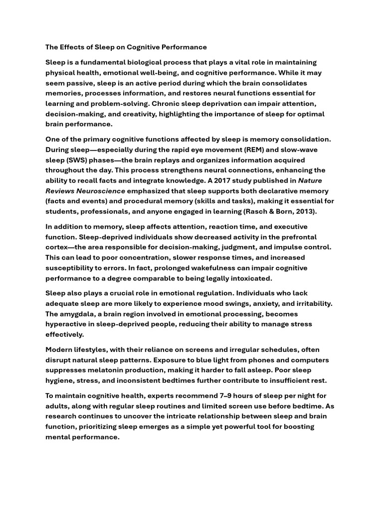 Sleep's Impact on Cognitive Function | PDF | Sleep | Sleep Deprivation