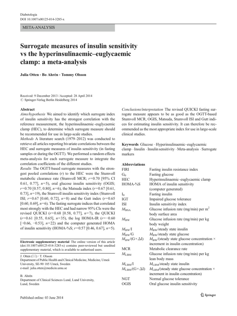 Surrogate Measures of Insulin Sensitivity | PDF | Insulin Resistance ...