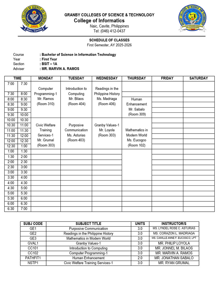 BSIT First Year Class Schedule 2025-2026 | PDF | Science | Information ...