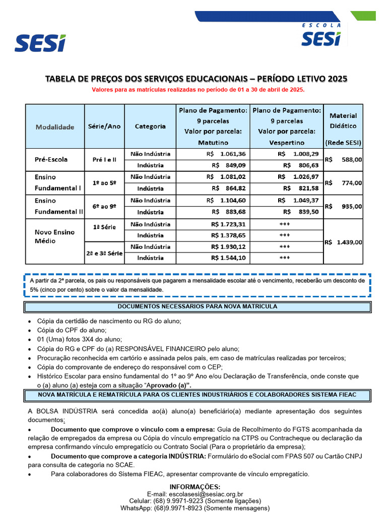 Mensalidade Escola SESI 2025 | PDF