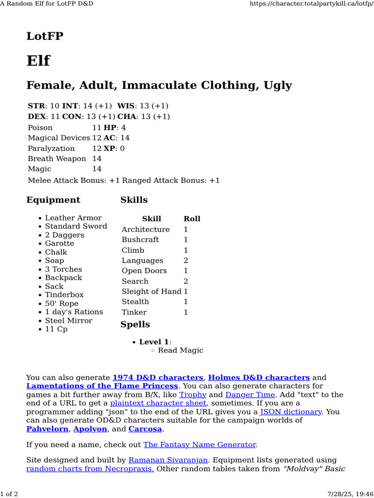 A Random Elf For LotFP D&D | PDF | Dungeons & Dragons | Role Playing Games