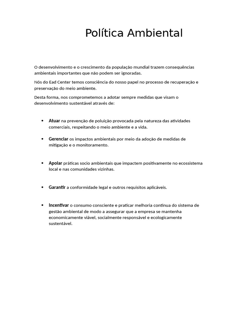 Política de Sustentabilidade Ambiental | PDF