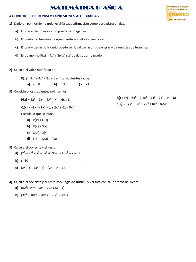Repaso de Expresiones Algebraicas 6° Año | PDF