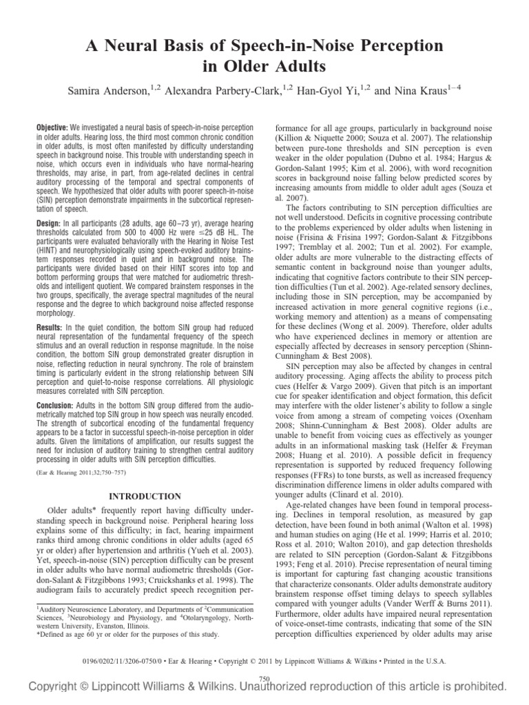 Neural Basis of Speech-in-Noise in Aging | PDF | Hearing | Perception