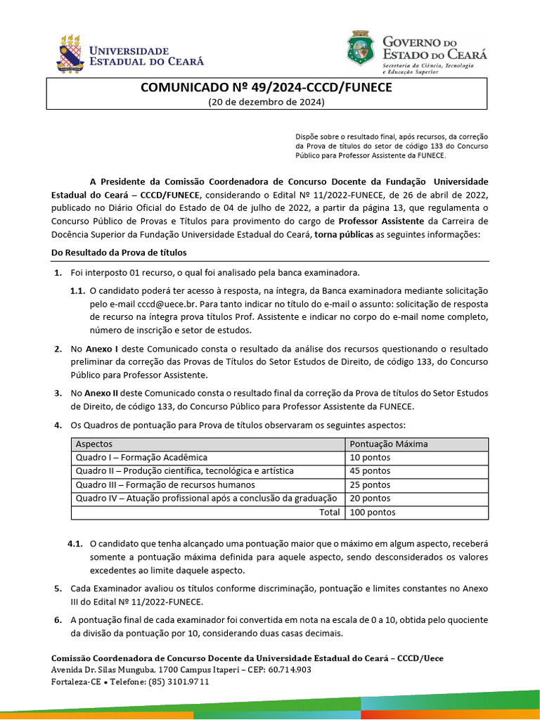 Resultado Final do Concurso Professor FUNECE | PDF | Professor