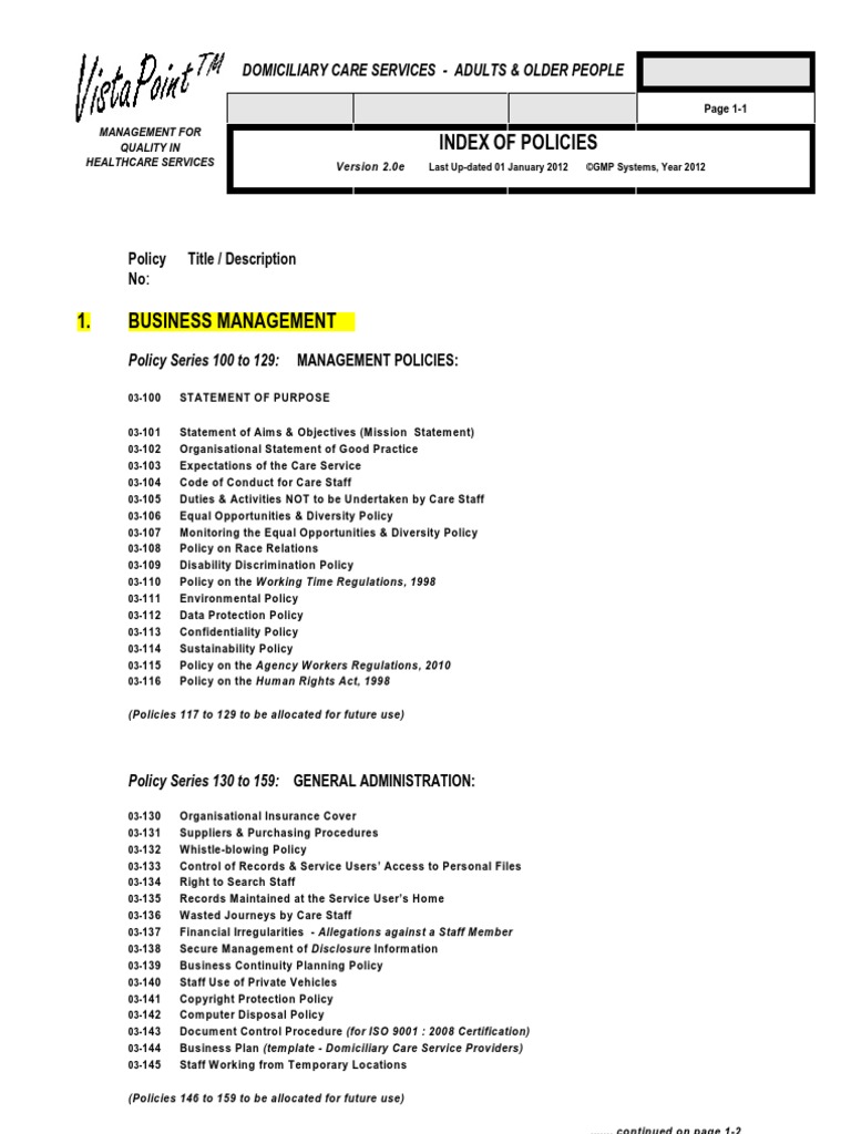 Index of Policies: Policy Title / Description No | PDF