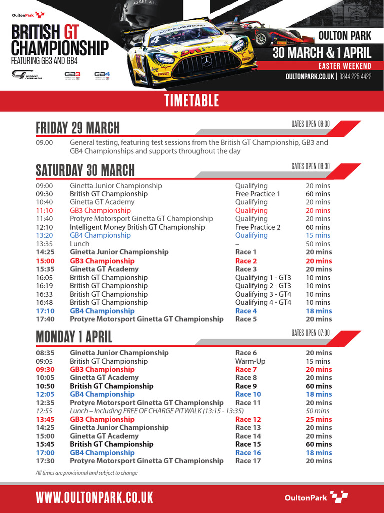 British GT + GB3 OP Timetable | PDF | Sports Cars | Sports Car Racing