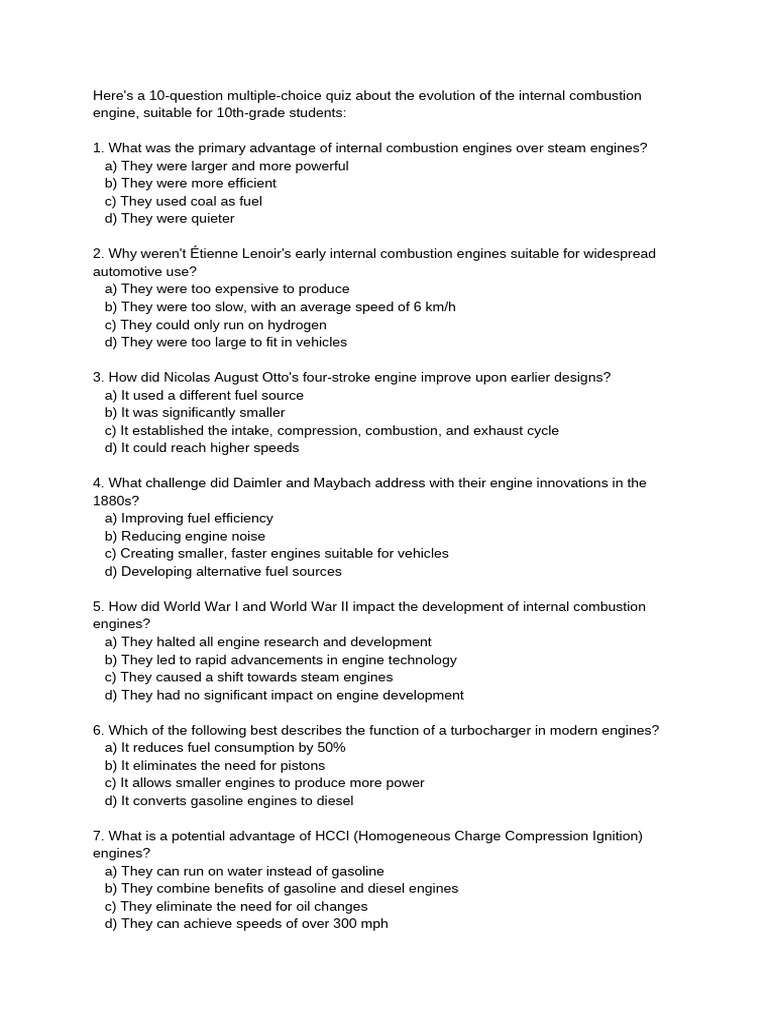 Internal Combustion Engine Quiz for Students | PDF | Internal ...