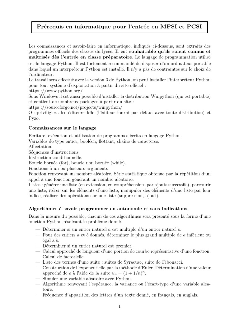 Informatique requise pour MPSI et PCSI | PDF | Python (Langage de ...