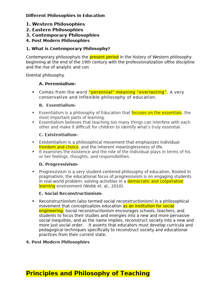 Educational Philosophies Overview | PDF | Philosophy Of Education ...