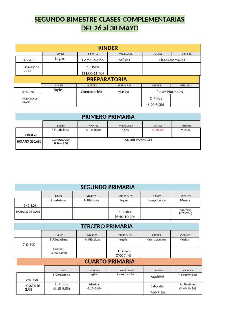 Horario Complementarias 3ra Unidad | PDF