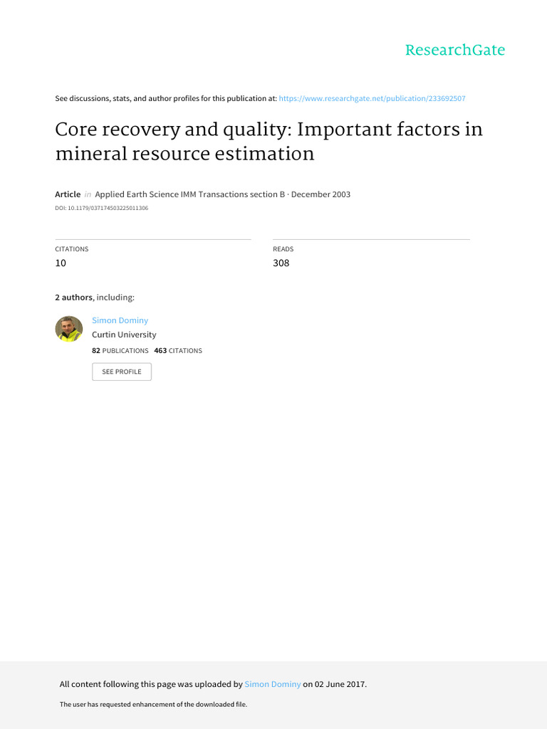 2003 AD CorerecoveryIMMB | PDF | Sampling (Statistics) | Mining