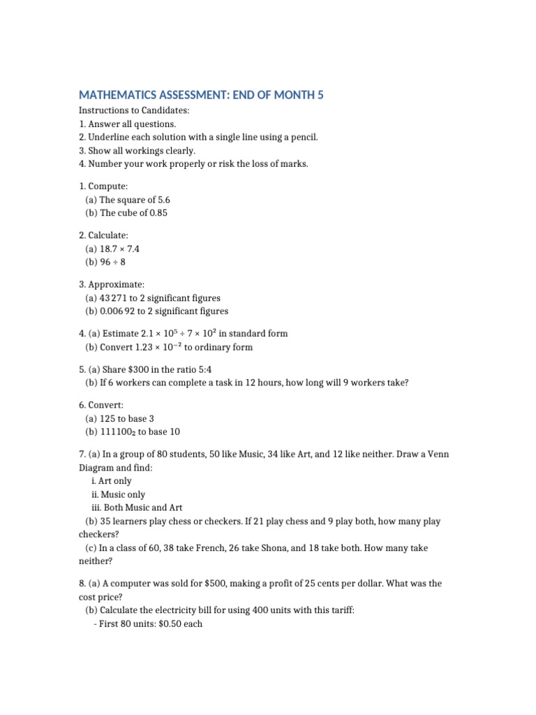 End of Month 5 Mathematics Assessment | PDF