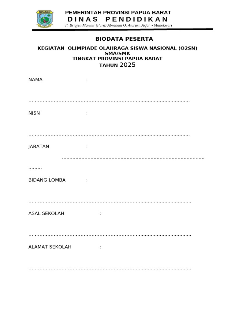 Biodata O2SN Provinsi Papua Barat 2025 | PDF