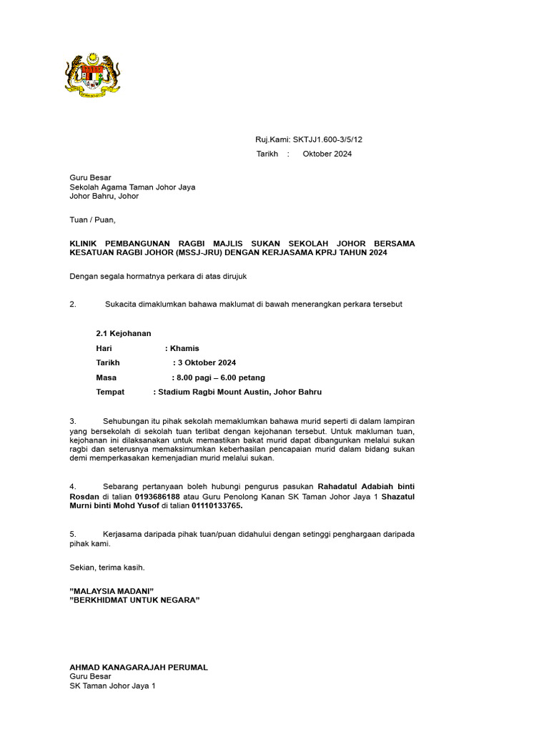 2 Surat Kebenaran Sekolah Agama Ragbi MSSD Bawah 11 Tahun 2024 | PDF