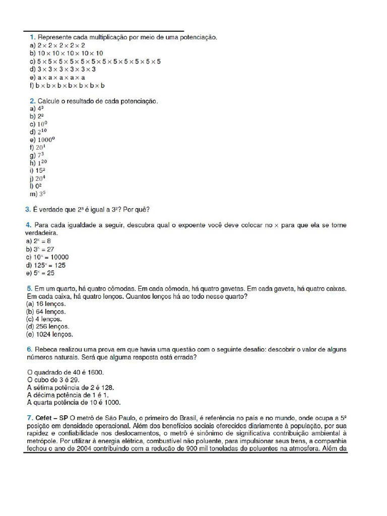 Exercicios Sobre Potenciacao | PDF