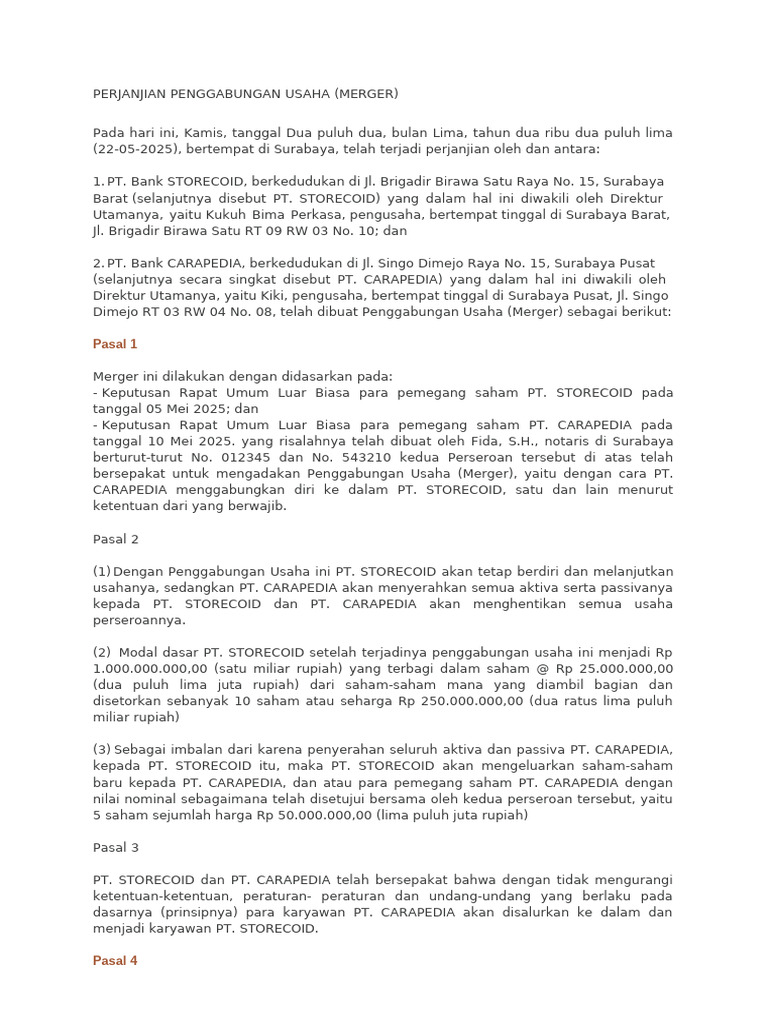 Contoh Perjanjian Penggabungan Usaha - Merger Perusahaan - (1) | PDF