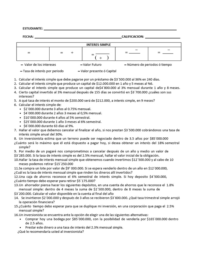 Taller Interes Simple SR | PDF | Interés | Tasas de interés