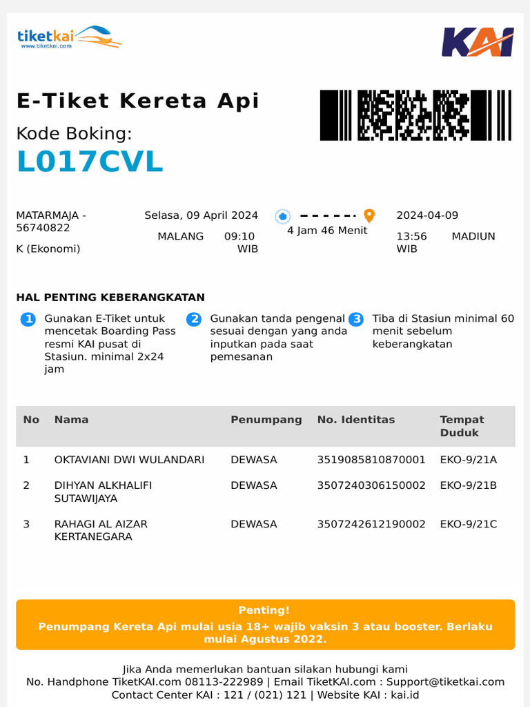 E-Tiket Kereta Api Matarmaja 9 April | PDF