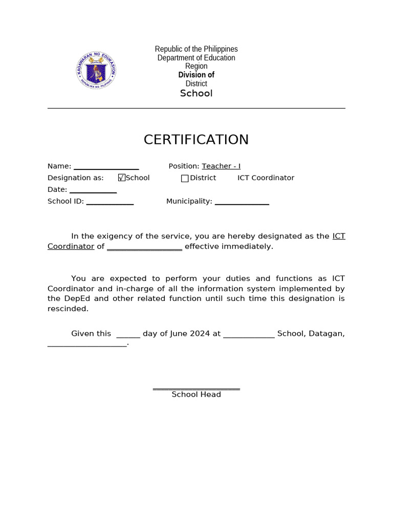 ICT Coordinator Certification Template | PDF