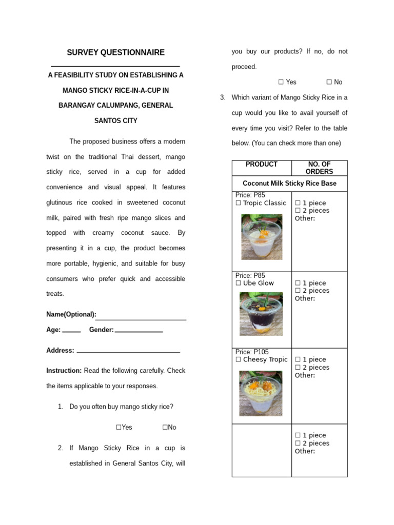 Feasibility Study: Mango Sticky Rice Cup | PDF | Cooking | Rice
