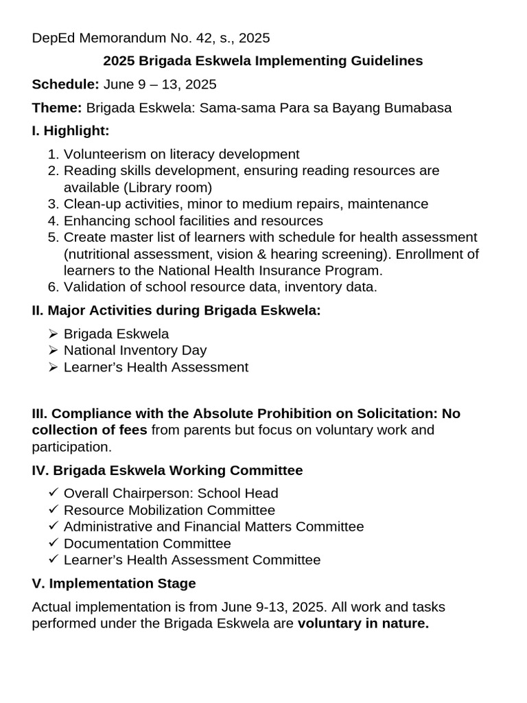 2025 Brigada Eskwela Guidelines | PDF | Learning | Reading (Process)