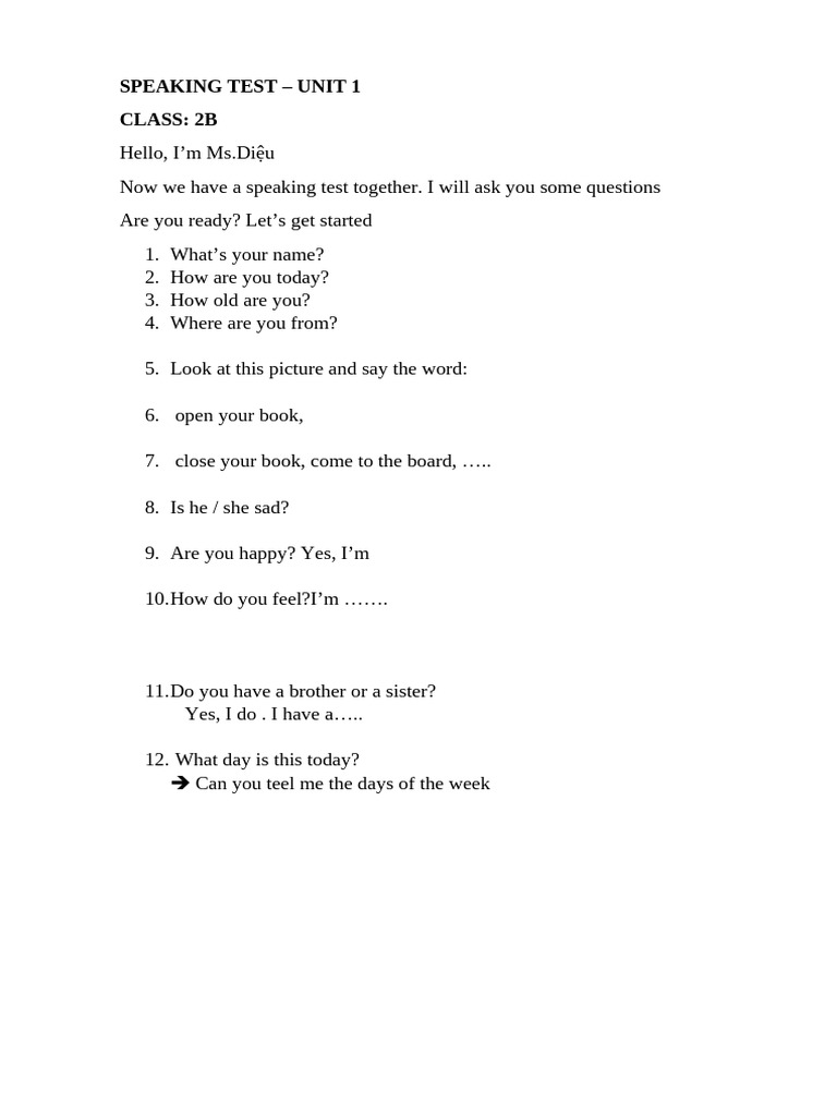 Speaking Test Questions for Class 2B & 4B | PDF