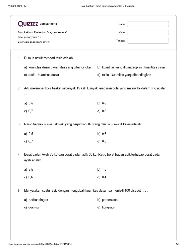 Soal Latihan Rasio Kelas 5 | PDF