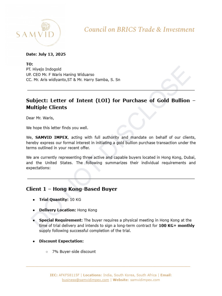 Gold Bullion Purchase LOI for Clients | PDF | Letter Of Credit ...