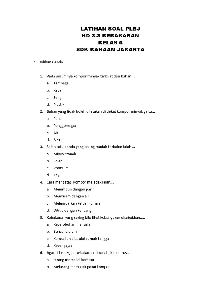 Latihan Soal Plbj Kebakaran 12102021 Pdf
