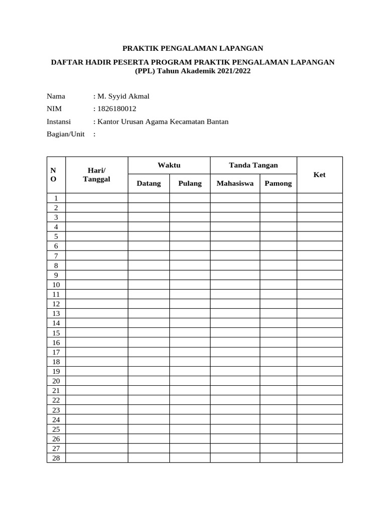 Daftar Hadir PPL M. Syyid Akmal 2021 | PDF