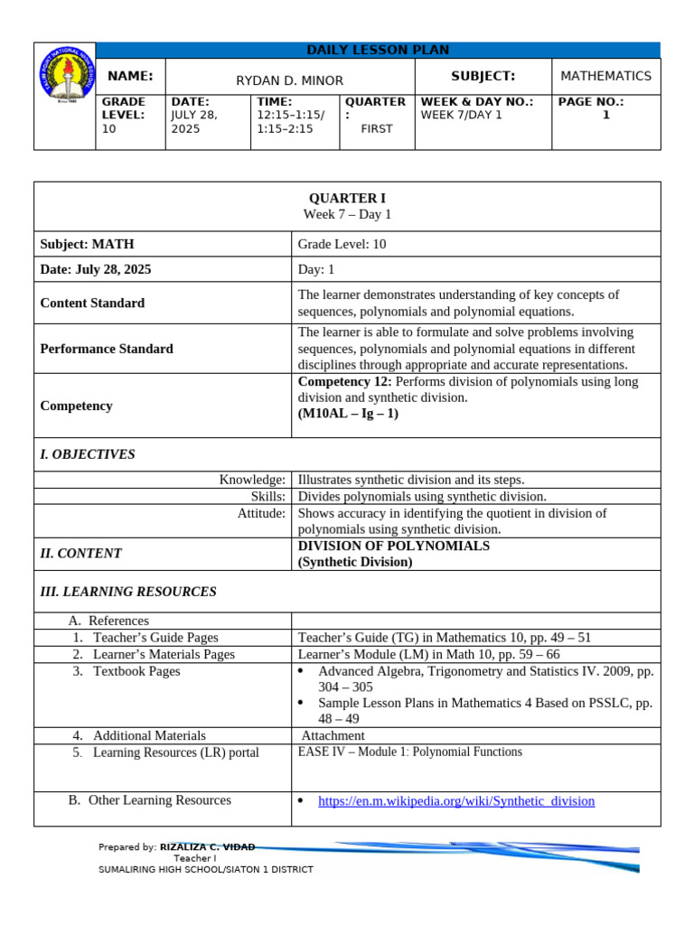 Grade 10 Math Lesson Plan: Synthetic Division | PDF | Division ...