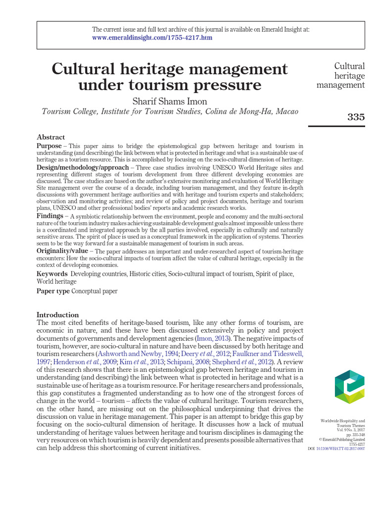 Managing Cultural Heritage in Tourism | PDF | Tourism | World Heritage Site