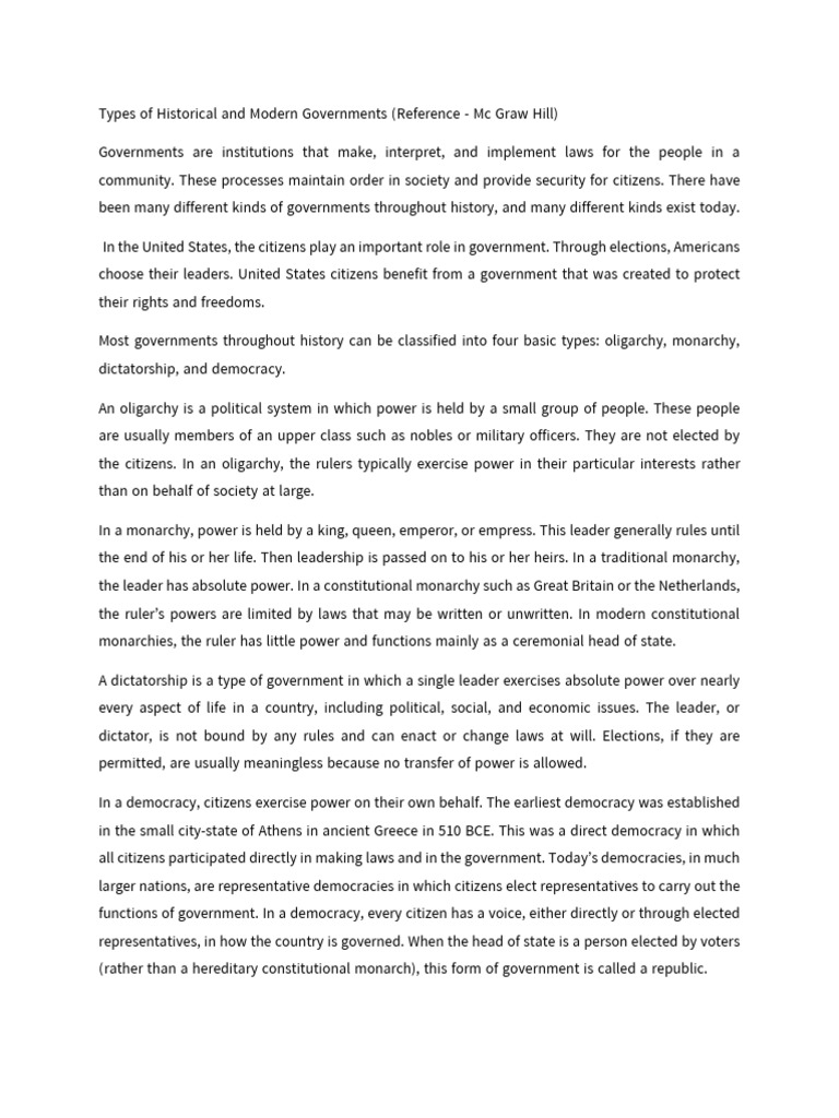 Types of Governments: Historical & Modern | PDF | Democracy | Political ...