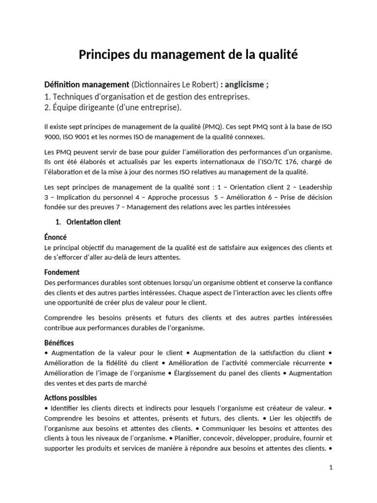 7 Principes du Management de la Qualité | PDF | Management de la ...