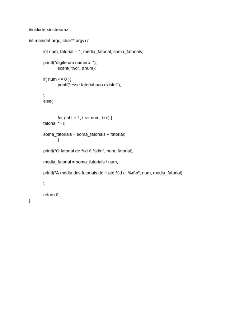 Cálculo de Fatorial e Média em C++ | PDF