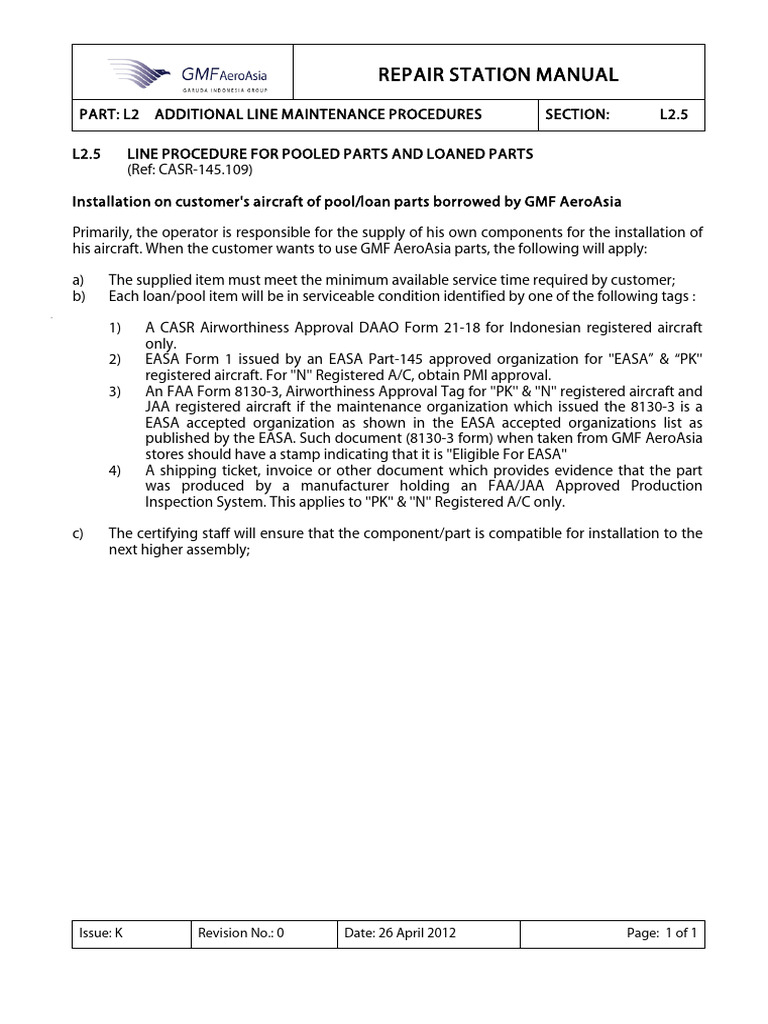 l2.5 Line Maintenance Procedure For Pooled Parts and Loan Parts | PDF