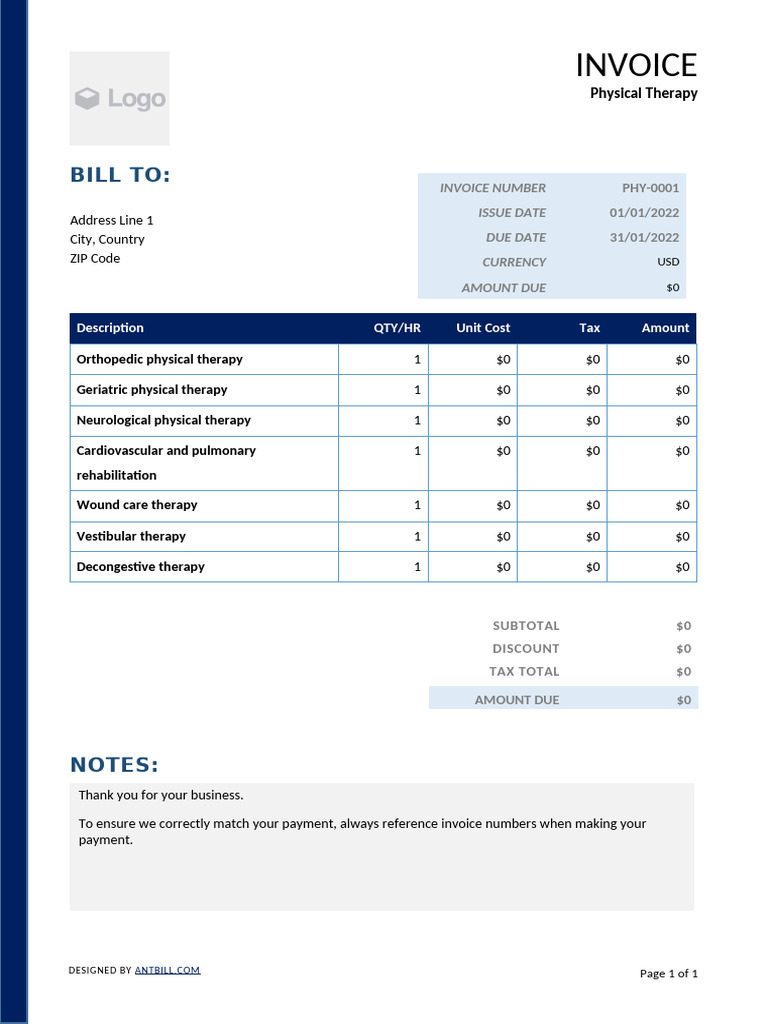 Physical Therapy Invoice Template - Professional | PDF