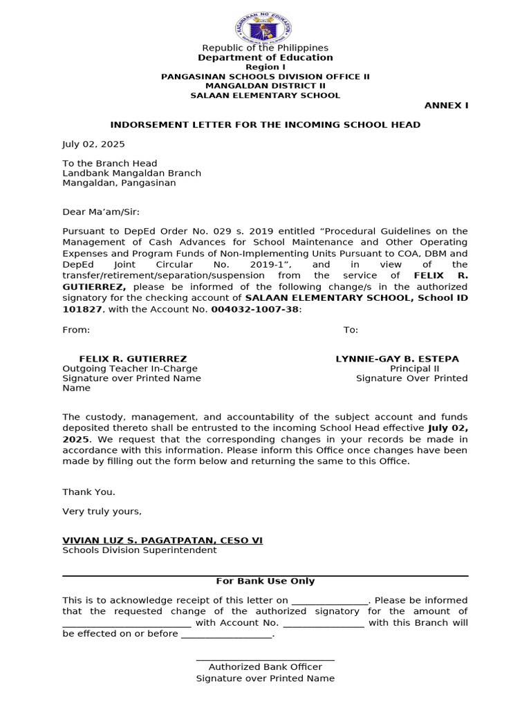 Indorsement Letter For Incoming Schoool Head | PDF