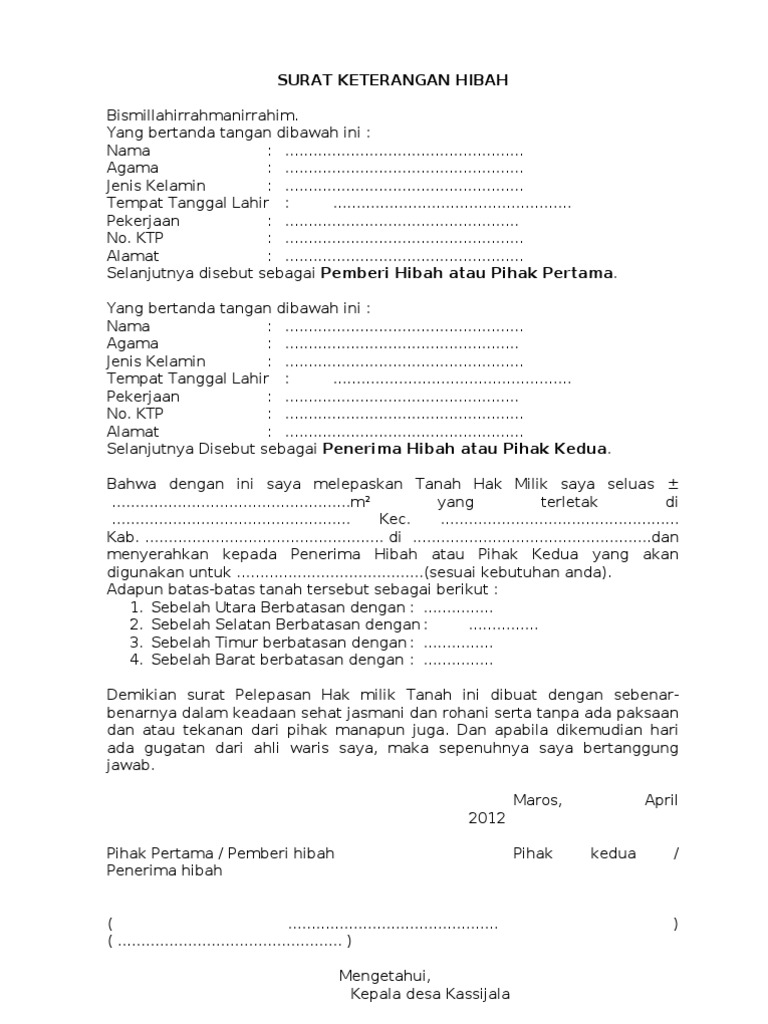 Contoh Format Surat Hibah